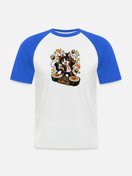 DJ Cat dreht Sushi-Roll-Plattenspieler - Männer Baseball-T-Shirt - Weiß/Royalblau