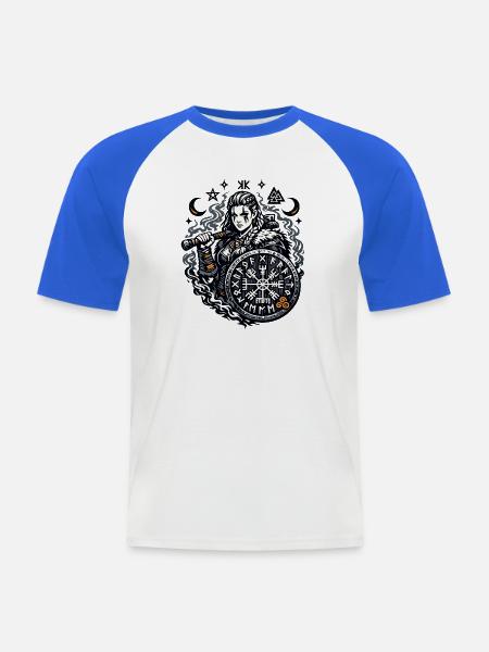 Viking Kämpfer mit Runen Schild - Männer Baseball-T-Shirt - Weiß/Royalblau