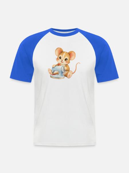 Maus - Nähfreude an der Nähmaschine - Männer Baseball-T-Shirt - Weiß/Royalblau
