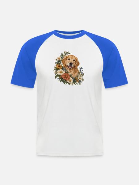 Golden Retriever im Wildblumenkranz - Männer Baseball-T-Shirt - Weiß/Royalblau