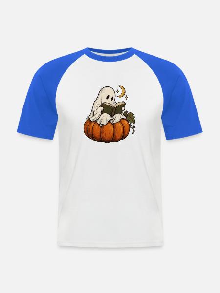 Lesestunde im Kürbislicht - Männer Baseball-T-Shirt - Weiß/Royalblau