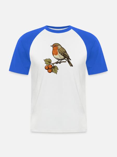 Rotkehlchen an Herbstbeeren - Männer Baseball-T-Shirt - Weiß/Royalblau
