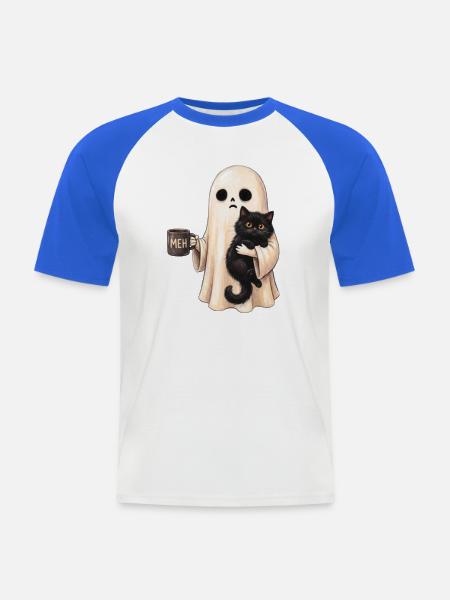 Meh-Geist mit Katzenbecher - Männer Baseball-T-Shirt - Weiß/Royalblau