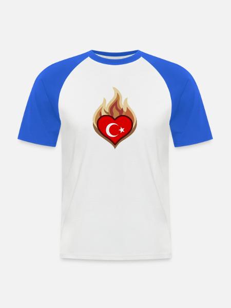 Flammenherz Türkei Flagge - Männer Baseball-T-Shirt - Weiß/Royalblau