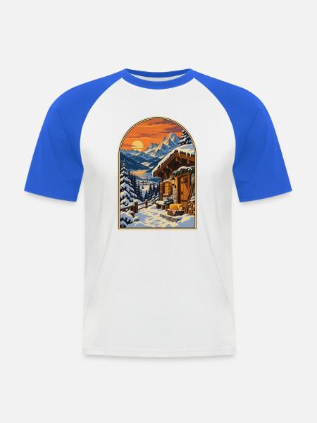Alpenchalet bei Sonnenuntergang Reiseplakat - Männer Baseball-T-Shirt - Weiß/Royalblau