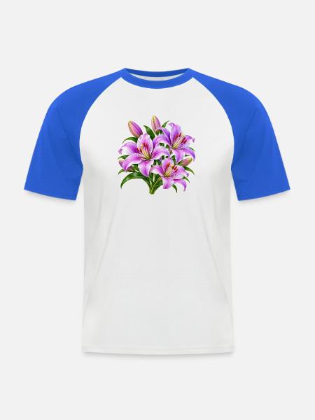 Rosa Lilien-Strauß-Druck - Männer Baseball-T-Shirt - Weiß/Royalblau