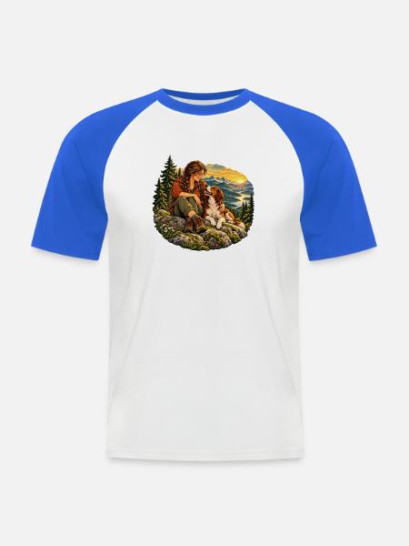 Wanderin mit Hund in den Bergen - Männer Baseball-T-Shirt - Weiß/Royalblau