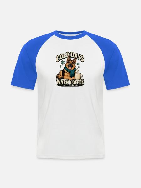 Schäferhund mit Kaffee – Kalte Tage Warmer Kaffee - Männer Baseball-T-Shirt - Weiß/Royalblau