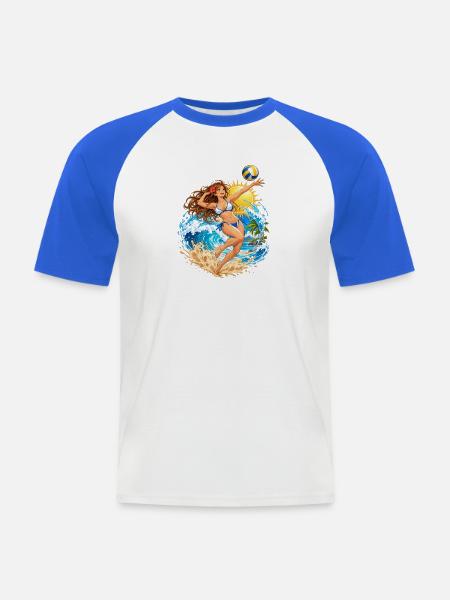 Einzel-Mädchen-Volleyballaufschlag - Männer Baseball-T-Shirt - Weiß/Royalblau