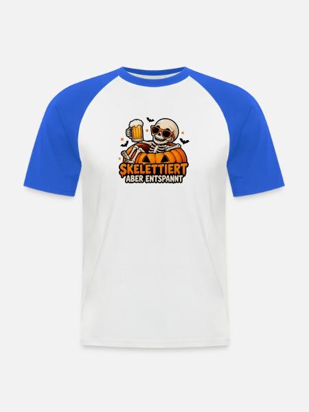 Skelettiert aber entspannt – Halloween - Männer Baseball-T-Shirt - Weiß/Royalblau
