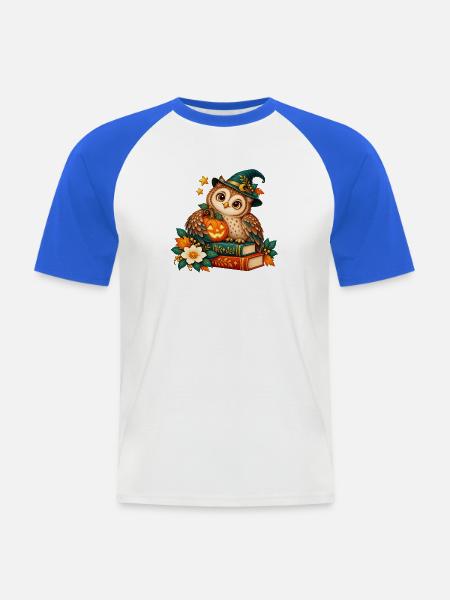 Halloween-Eule zwischen Büchern und Kürbis - Männer Baseball-T-Shirt - Weiß/Royalblau