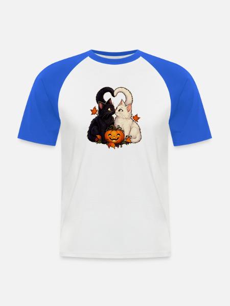 Zwei Katzen und ein Kürbis - Männer Baseball-T-Shirt - Weiß/Royalblau