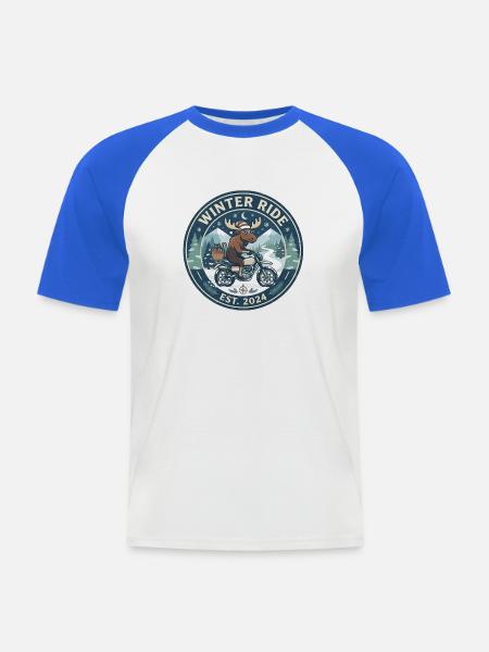 Winterfahrt: Elch auf Motorrad - Männer Baseball-T-Shirt - Weiß/Royalblau