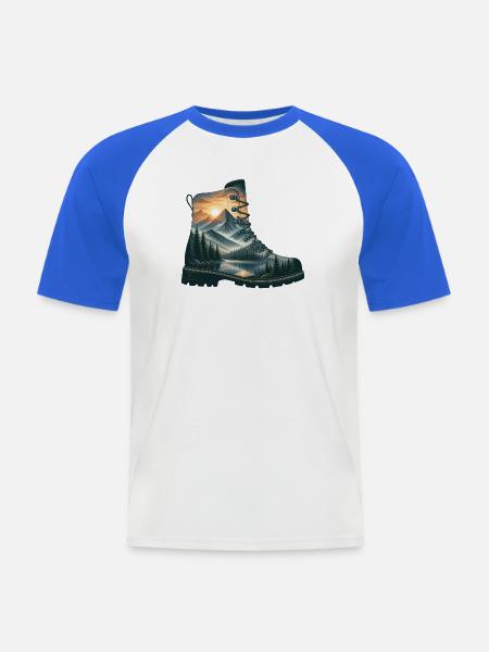 Berge bei Sonnenaufgang am See - Männer Baseball-T-Shirt - Weiß/Royalblau
