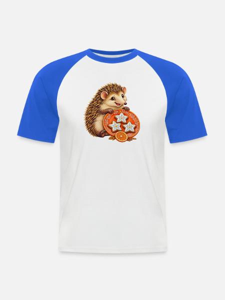 Fröhlicher Tenrek mit Orangenstern-Backteller - Männer Baseball-T-Shirt - Weiß/Royalblau