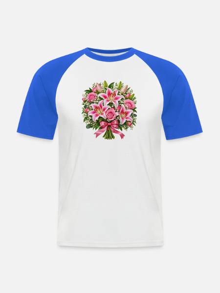 Sanfter rosa Lilien-Rosenstrauß - Männer Baseball-T-Shirt - Weiß/Royalblau