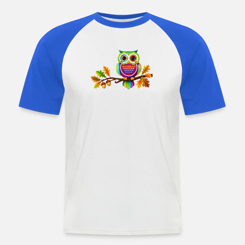 Bunte Eule auf Ast mit Herbstblättern - Männer Baseball-T-Shirt - Weiß/Royalblau