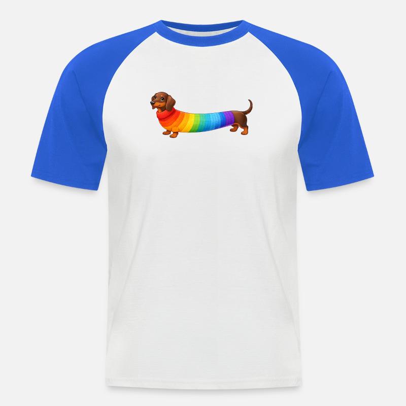 Teckel avec un pull arc-en-ciel - T-shirt baseball manches courtes Homme - blanc/bleu royal