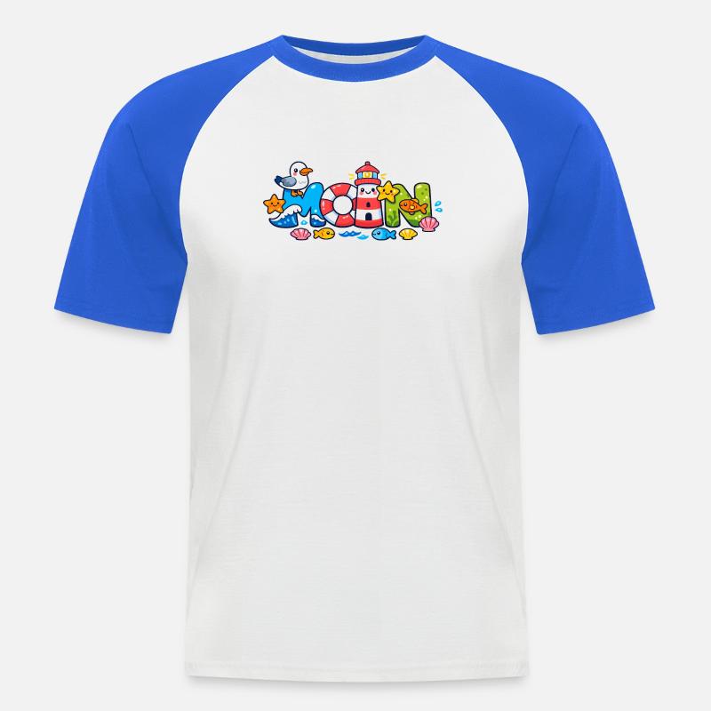 MOIN Möwe Leuchtturm Maritim Bunt - Männer Baseball-T-Shirt - Weiß/Royalblau