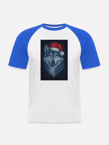 Nordischer Wolf im Weihnachtshut - Männer Baseball-T-Shirt - Weiß/Royalblau