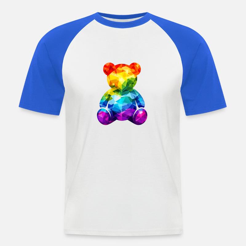 Rainbow teddy bear in geometric pattern - Men's Baseball T-Shirt - white/royal blue