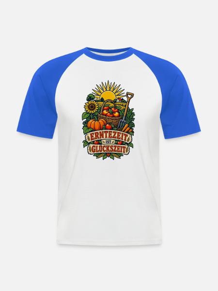 Erntezeit ist Glückszeit - Männer Baseball-T-Shirt - Weiß/Royalblau
