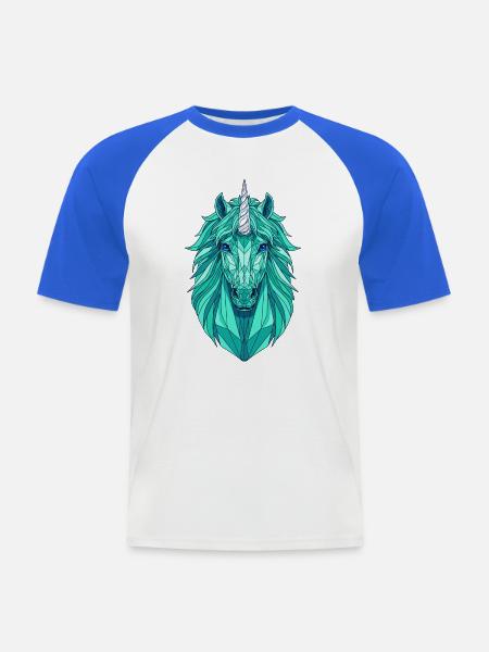 Geometrisches Türkis-Einhorngesicht - Männer Baseball-T-Shirt - Weiß/Royalblau