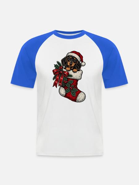Weihnachts-Dackel im Sockenkostüm - Männer Baseball-T-Shirt - Weiß/Royalblau