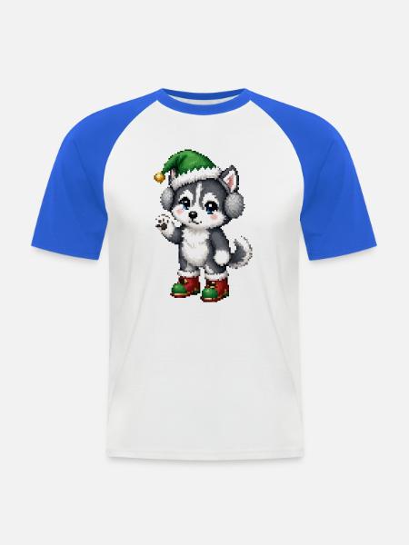Husky-Welpen-Elfenhut-Weihnachten - Männer Baseball-T-Shirt - Weiß/Royalblau