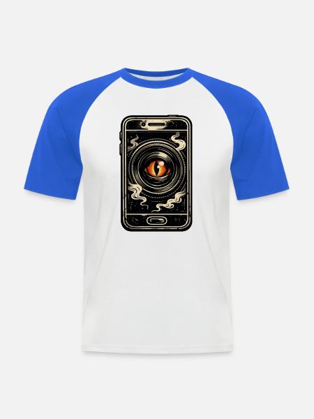 Auge in Kameralinse im Nebel - Männer Baseball-T-Shirt - Weiß/Royalblau