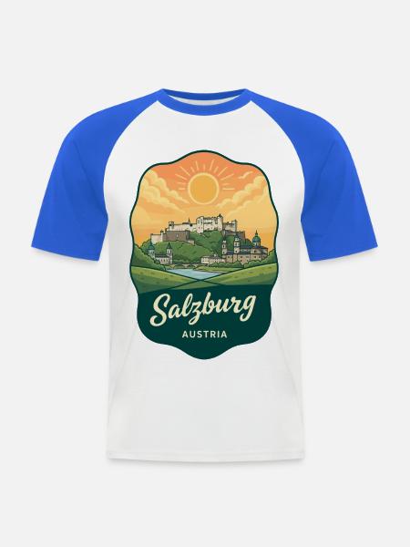 Salzburger Festung Retro Sonnenuntergangsabzeichen - Männer Baseball-T-Shirt - Weiß/Royalblau