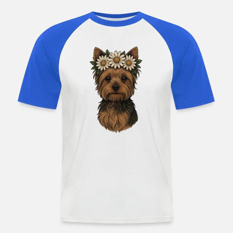 Yorkshire Terrier mit Gänseblümchenkrone - Männer Baseball-T-Shirt - Weiß/Royalblau
