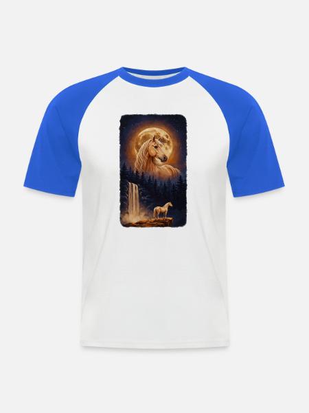Mystisches Pferd Vollmond und Wasserfall - Männer Baseball-T-Shirt - Weiß/Royalblau