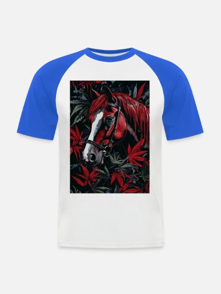 Rotes Pferd mit Blattwerk im Dunkelwald - Männer Baseball-T-Shirt - Weiß/Royalblau