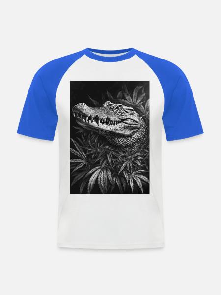 Krokodil im Hanfblattwald - Männer Baseball-T-Shirt - Weiß/Royalblau