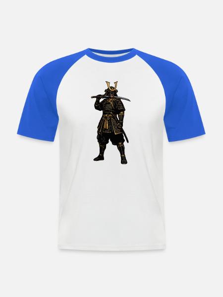 Samurai-Krieger in goldener Rüstung - Männer Baseball-T-Shirt - Weiß/Royalblau