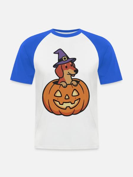 Dackel Kürbishexe - Männer Baseball-T-Shirt - Weiß/Royalblau
