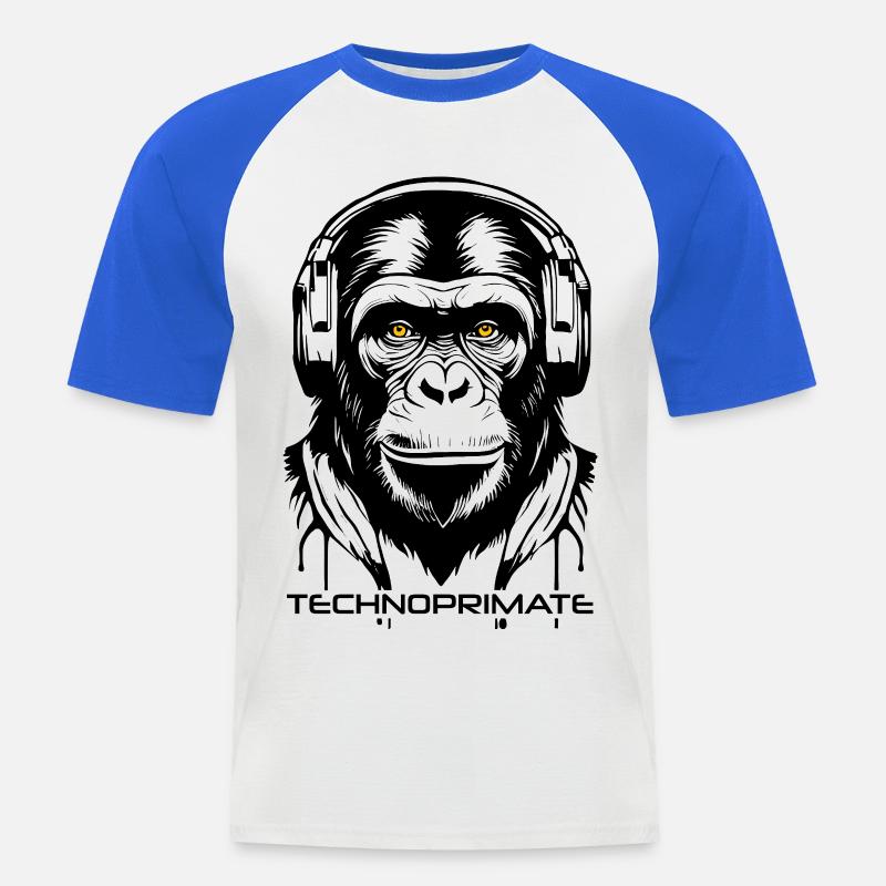 Techno Primate Kopfhörer Ape Art #1 Schwarz - Männer Baseball-T-Shirt - Weiß/Royalblau
