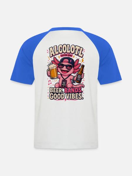 Backprint | Bier saufen, Bierparty Axolotl, - Männer Baseball-T-Shirt - Weiß/Royalblau