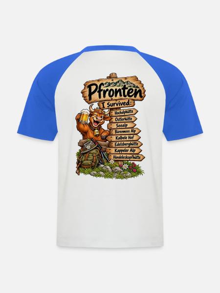 Pfronten Überlebt: Alpenhumor - Männer Baseball-T-Shirt - Weiß/Royalblau