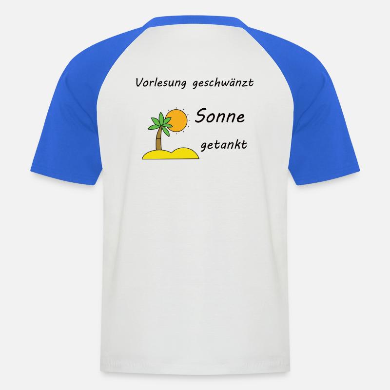 Unispruch "Sonne getankt" Geschenk, Studenten - Männer Baseball-T-Shirt - Weiß/Royalblau