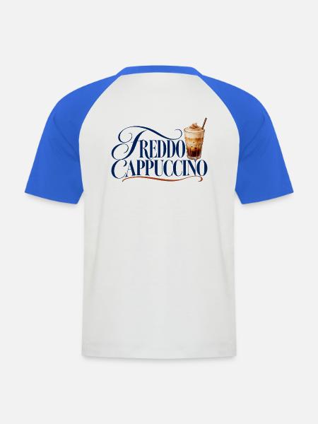 Freddo Cappuccino Schrift mit Eiskaffee - Männer Baseball-T-Shirt - Weiß/Royalblau