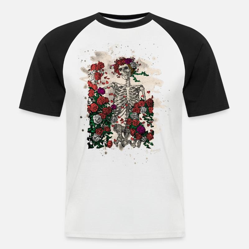 Skeleton & Roses – bleached Version - Männer Baseball-T-Shirt - Weiß/Schwarz
