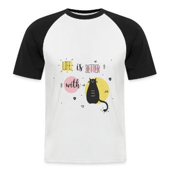 La vie est meilleure avec le chat. Cadeau de gueule de bois chat - T-shirt baseball manches courtes Homme - blanc/noir - Devant - Nik (191cm)