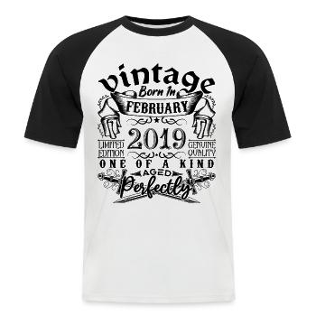 Anniversaire 2019 Février 2019 né en Février - T-shirt baseball manches courtes Homme - blanc/noir - Devant - Nik (191cm)