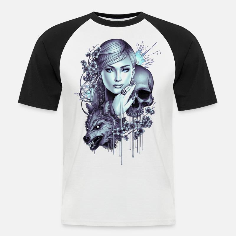 Wolfsschädel Mädchen Tattoo - Männer Baseball-T-Shirt - Weiß/Schwarz