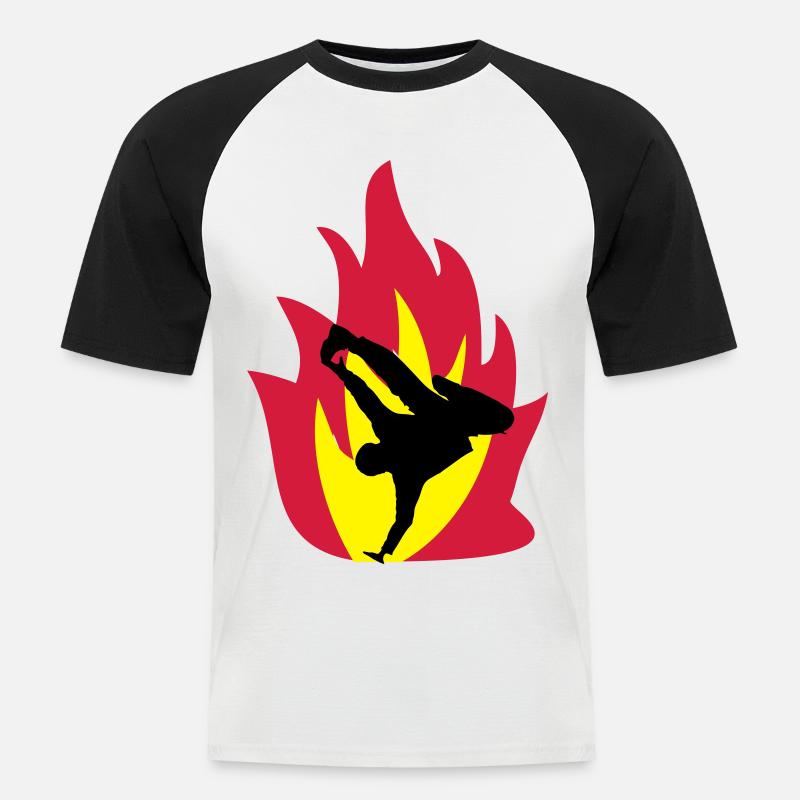 Breakdancer im Feuer - Männer Baseball-T-Shirt - Weiß/Schwarz
