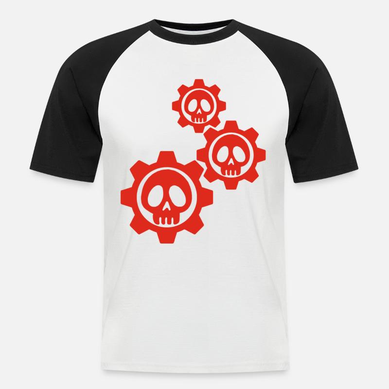 Totenköpfe und rote Zahnräder - Männer Baseball-T-Shirt - Weiß/Schwarz