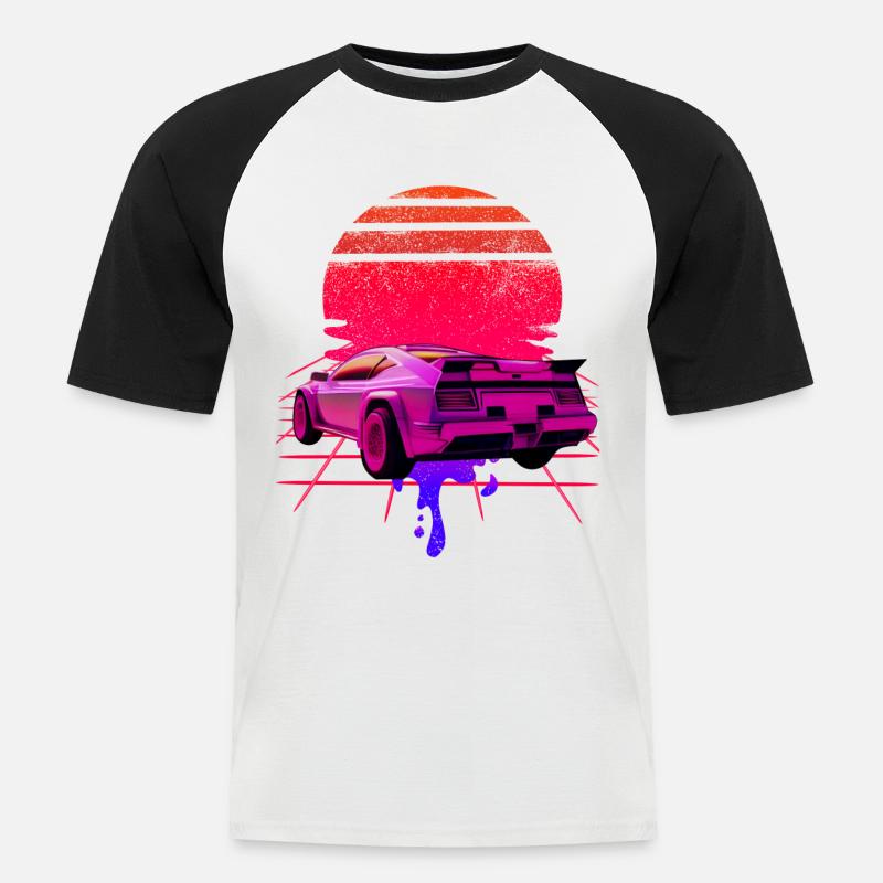 Retro Wave Supercar Sunset - Männer Baseball-T-Shirt - Weiß/Schwarz