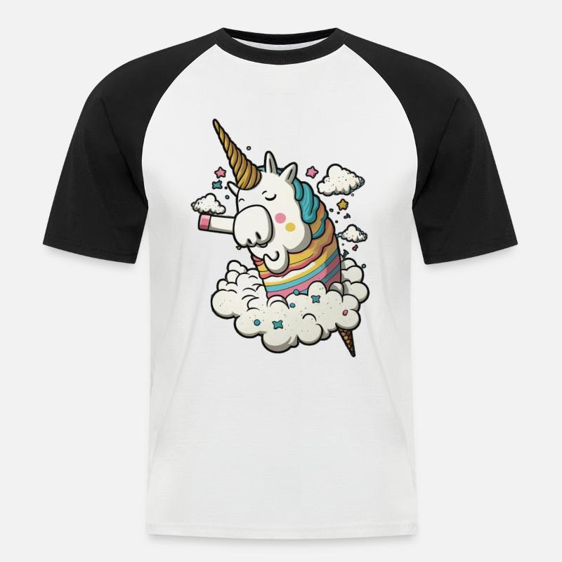 Verträumtes Phantasieeinhorn auf einer Wolke - Männer Baseball-T-Shirt - Weiß/Schwarz